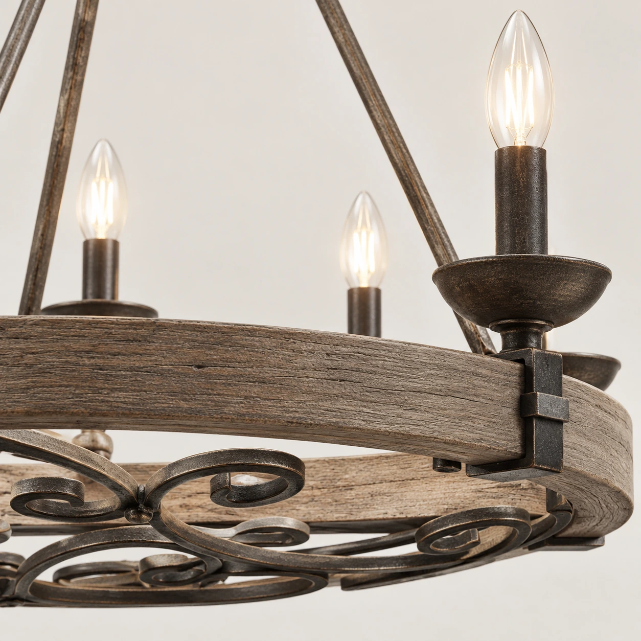 Clara Rustic Wagon-Wheel Wood and Iron Chandelier, detail wood iron