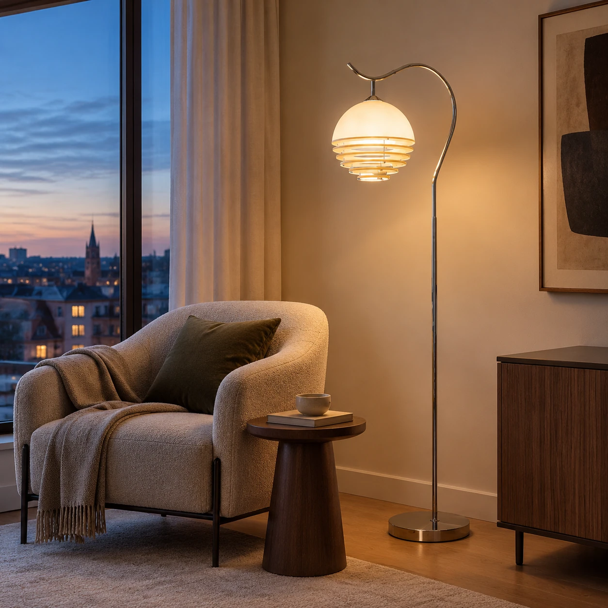 Calvero Size C floor light in a blue-hour reading corner