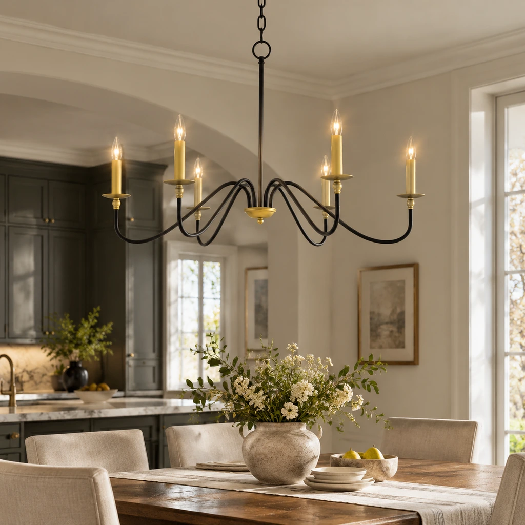 Arden black and gold chandelier in an open-plan dining zone