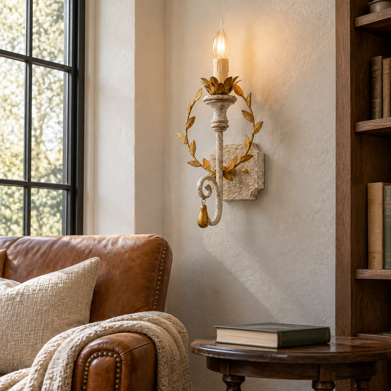 Nora rustic leaf-wreath wall sconce in a reading corner