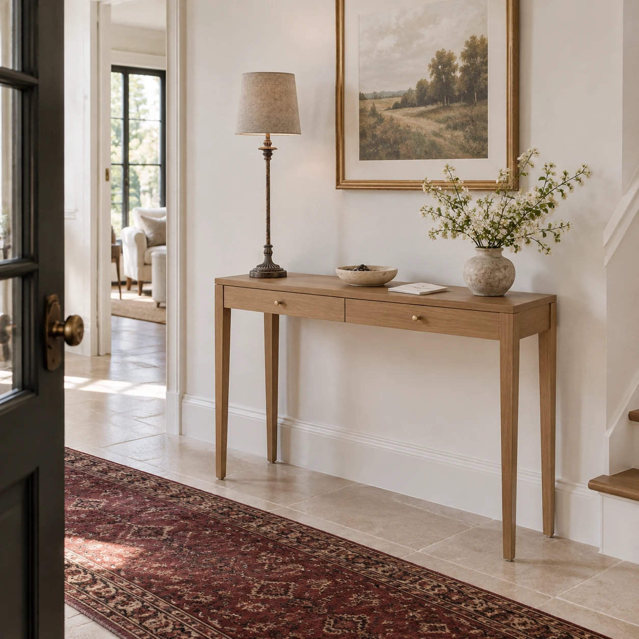 Tall carved wood table lamp on an entryway console