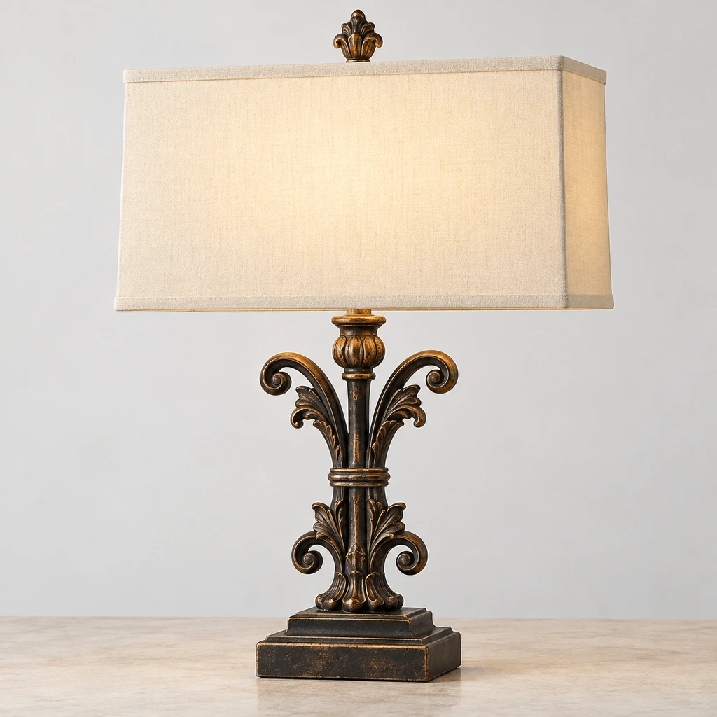 Close detail of the ivory fabric shade and tailored trim