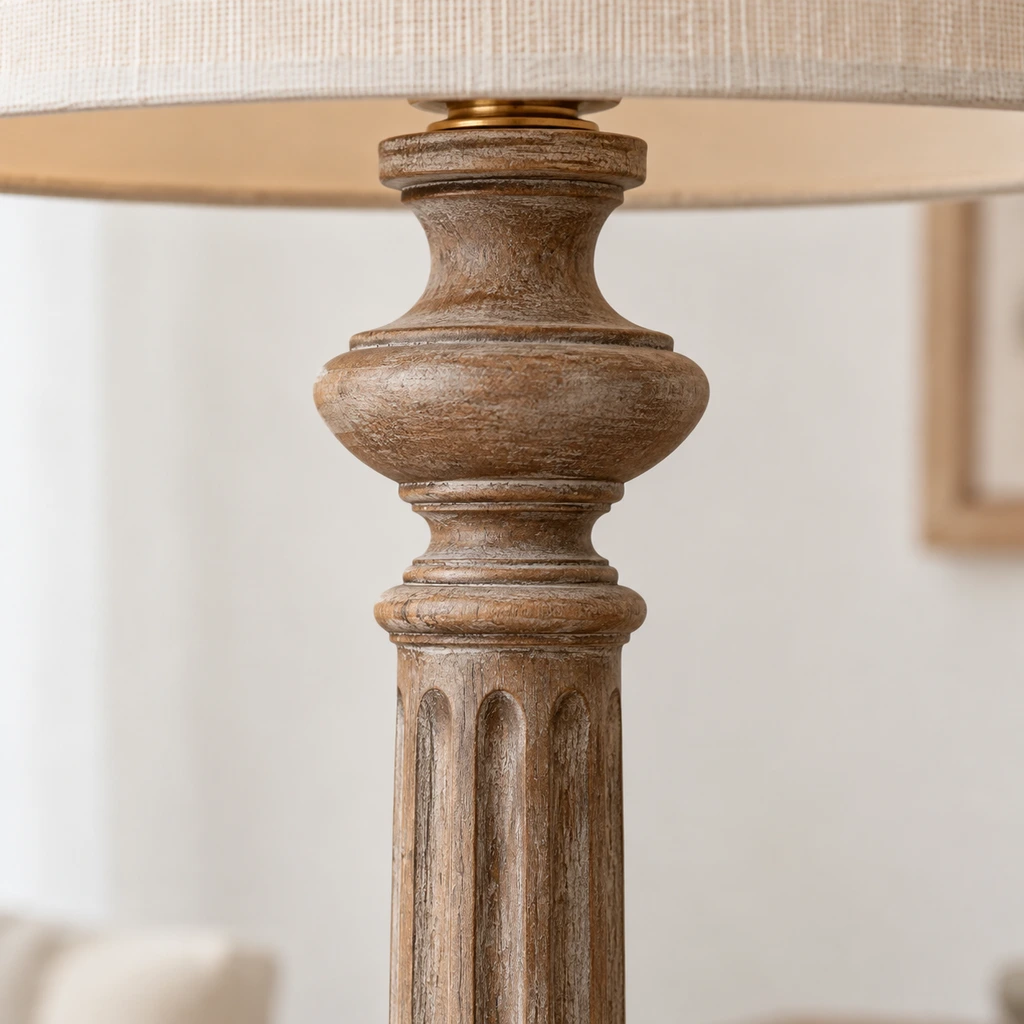 Close detail of the carved wood column and upper collar