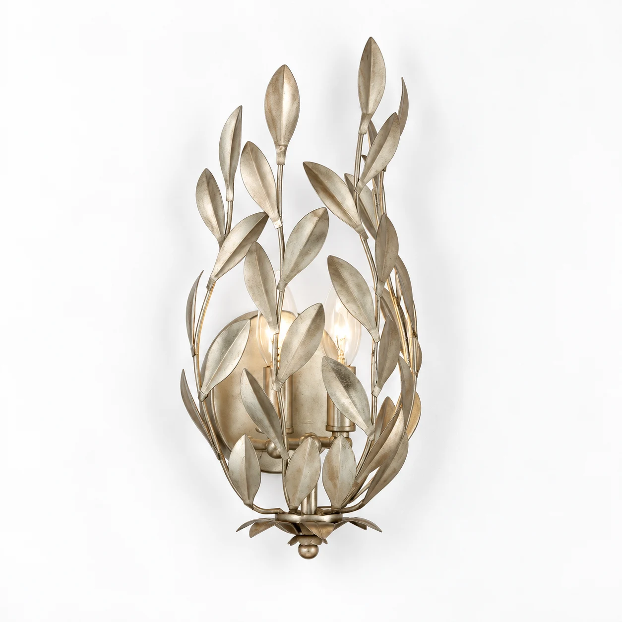 Elise leaf-branch iron wall sconce in silver leaf finish on white