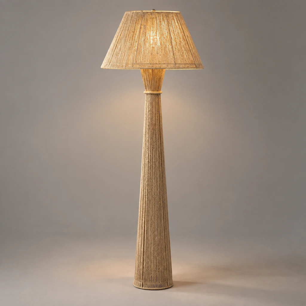 Dahlia woven floor lamp illuminated in a neutral studio
