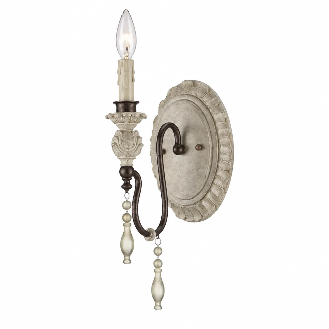 One-light French country carved wood wall sconce on white