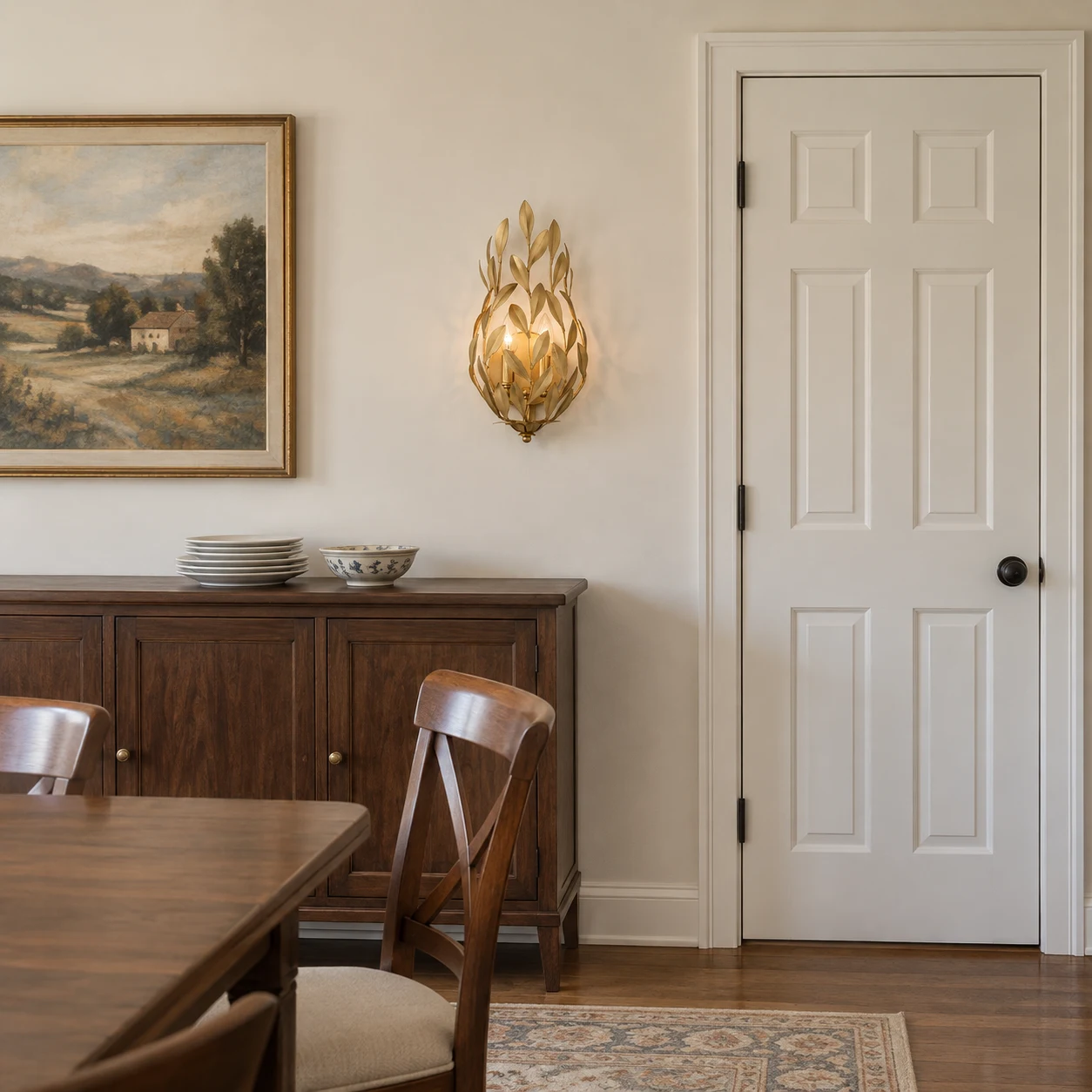 Elise gold leaf wall sconce above a sideboard in an ordinary American dining room