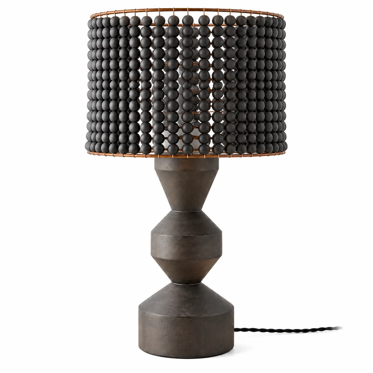 Side view of the 70 cm dark wood beaded table lamp