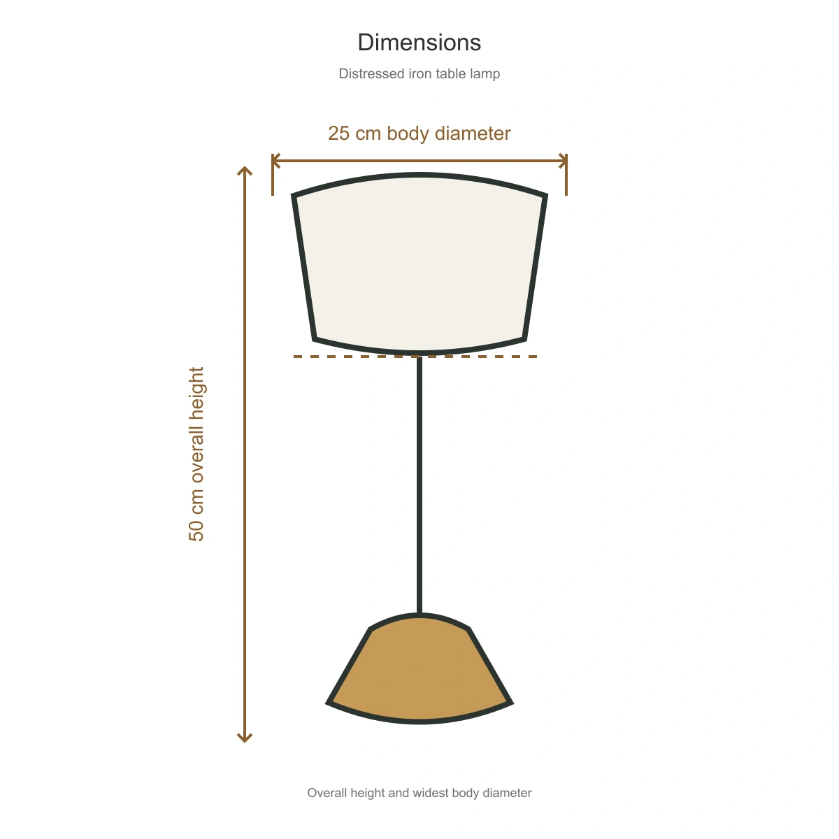 Table lamp dimensions showing 25 cm body diameter and 50 cm overall height