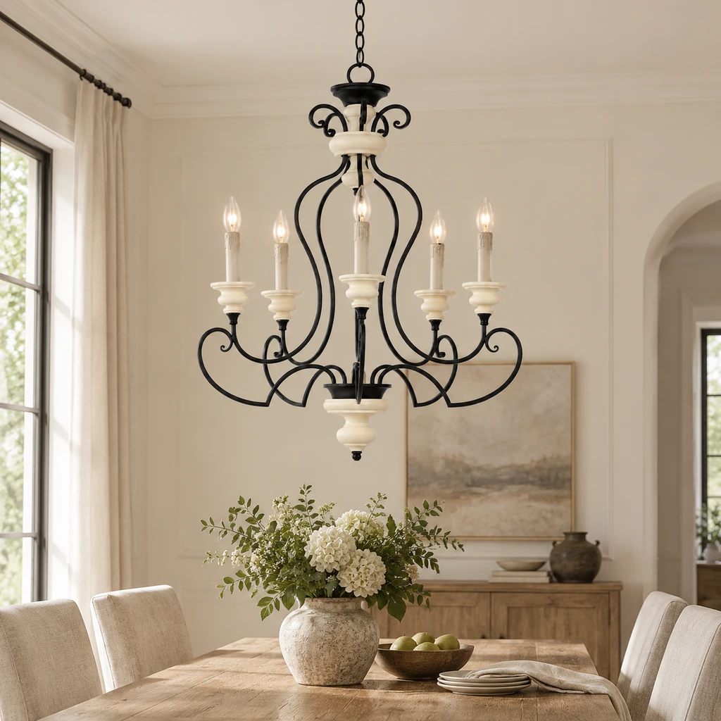 Aveline French country iron chandelier above a dining table