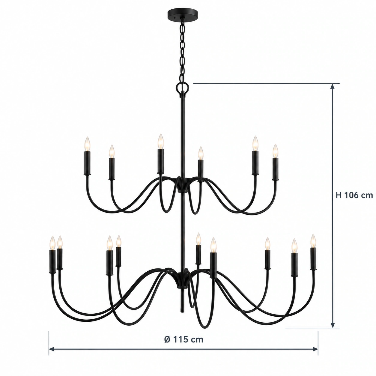 Mara Vintage Curved-Arm Iron Chandelier, dimension final 15