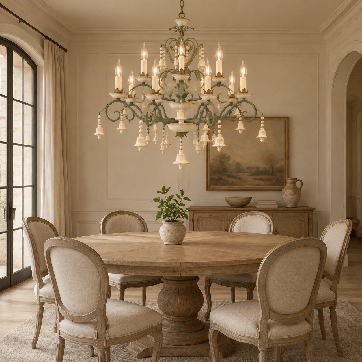 Gray Green Gold 12-light chandelier above a dining table