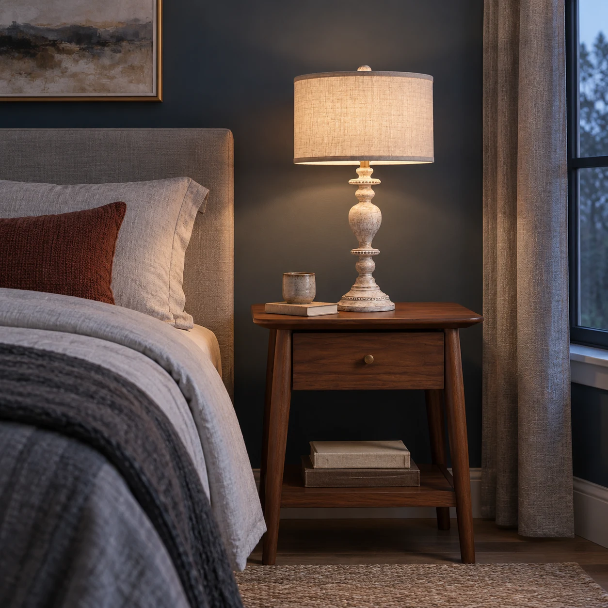 Distressed carved wood table lamp in Blue Hour Bedroom Nightstand