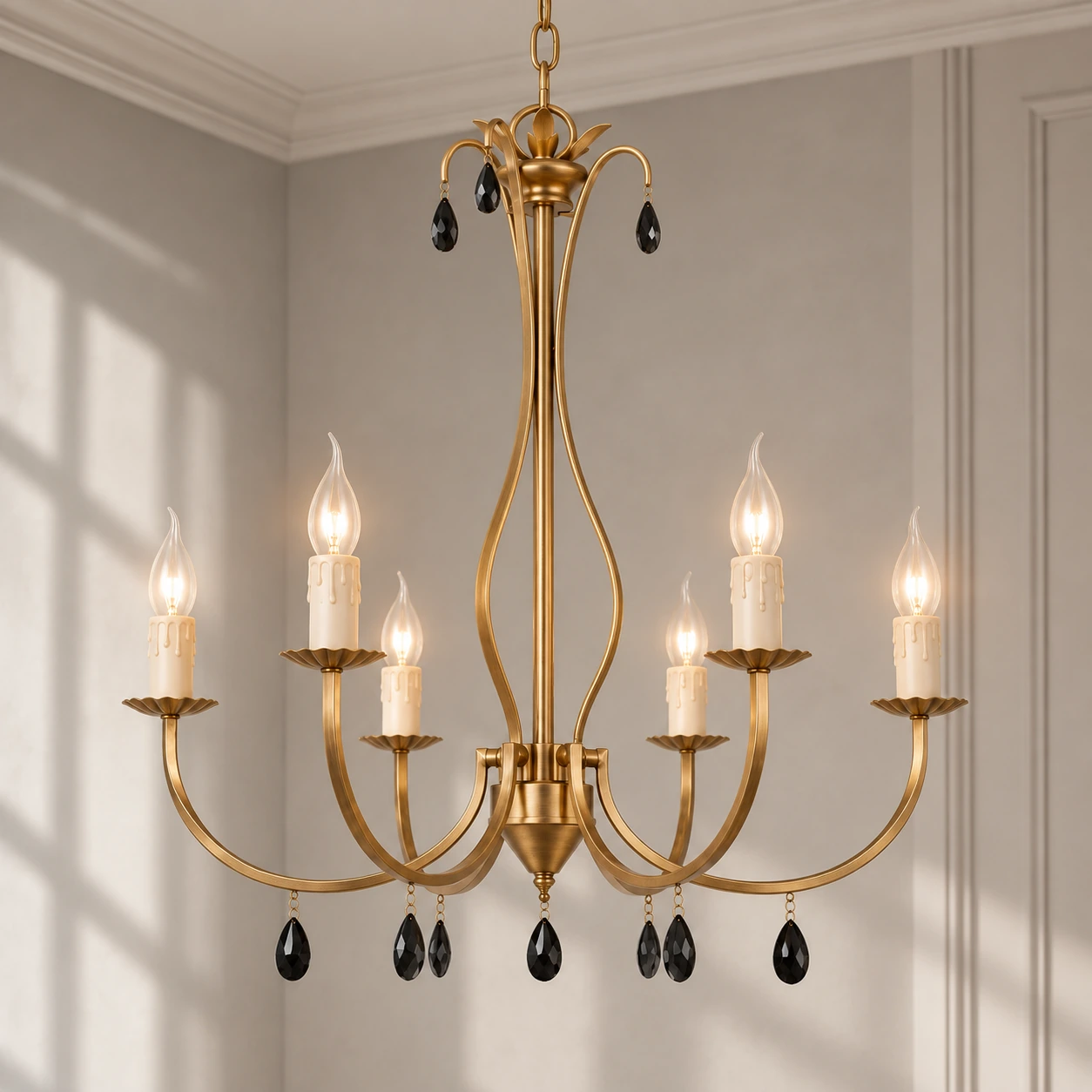 Celeste vintage gold six-light crystal chandelier on a neutral architectural background