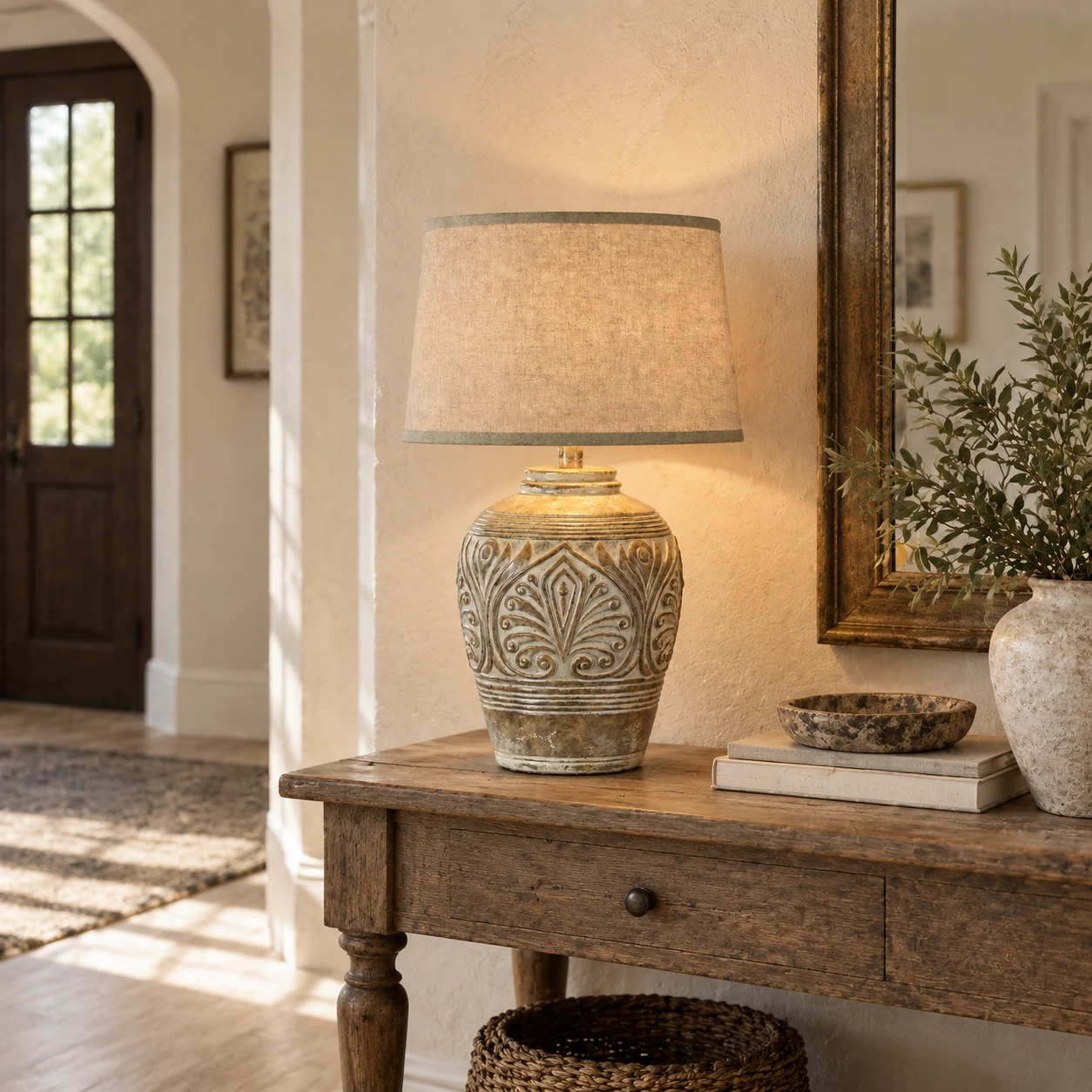 American Rustic Wood Table Lamp in a narrow entry foyer with a plaster wall and antique console