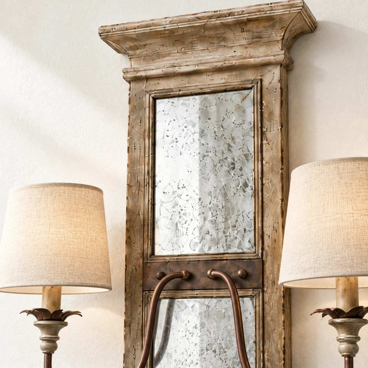 Close view of the Marlow wood backplate and aged mirror panel