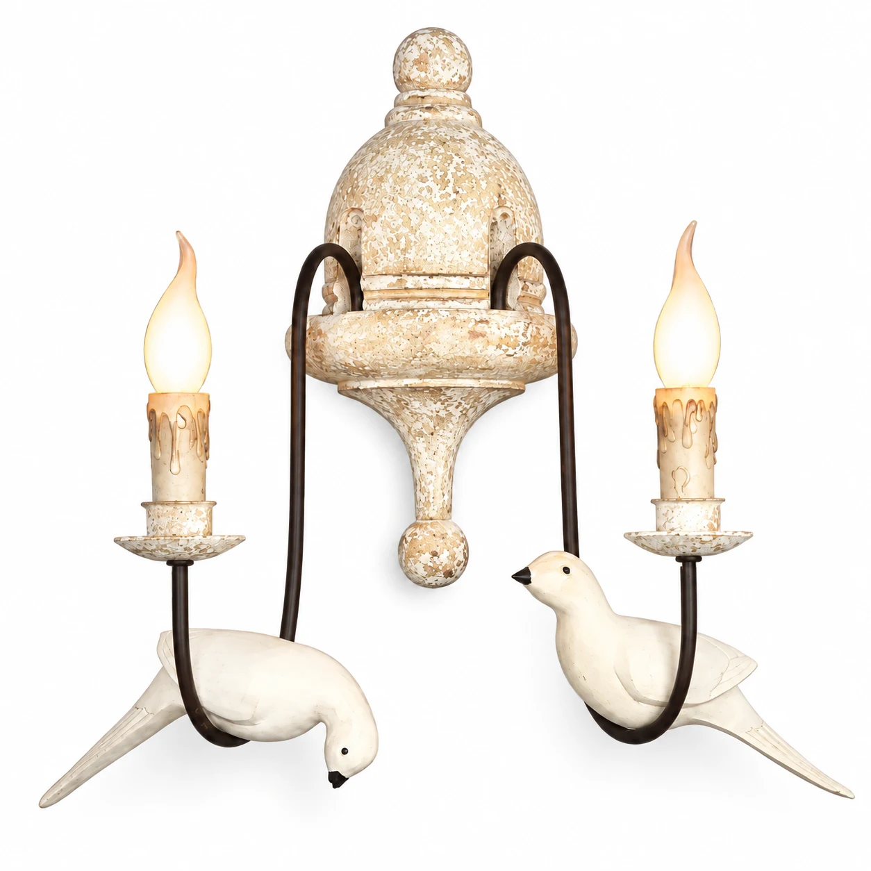 Mara double-head carved wood and iron bird wall light on white