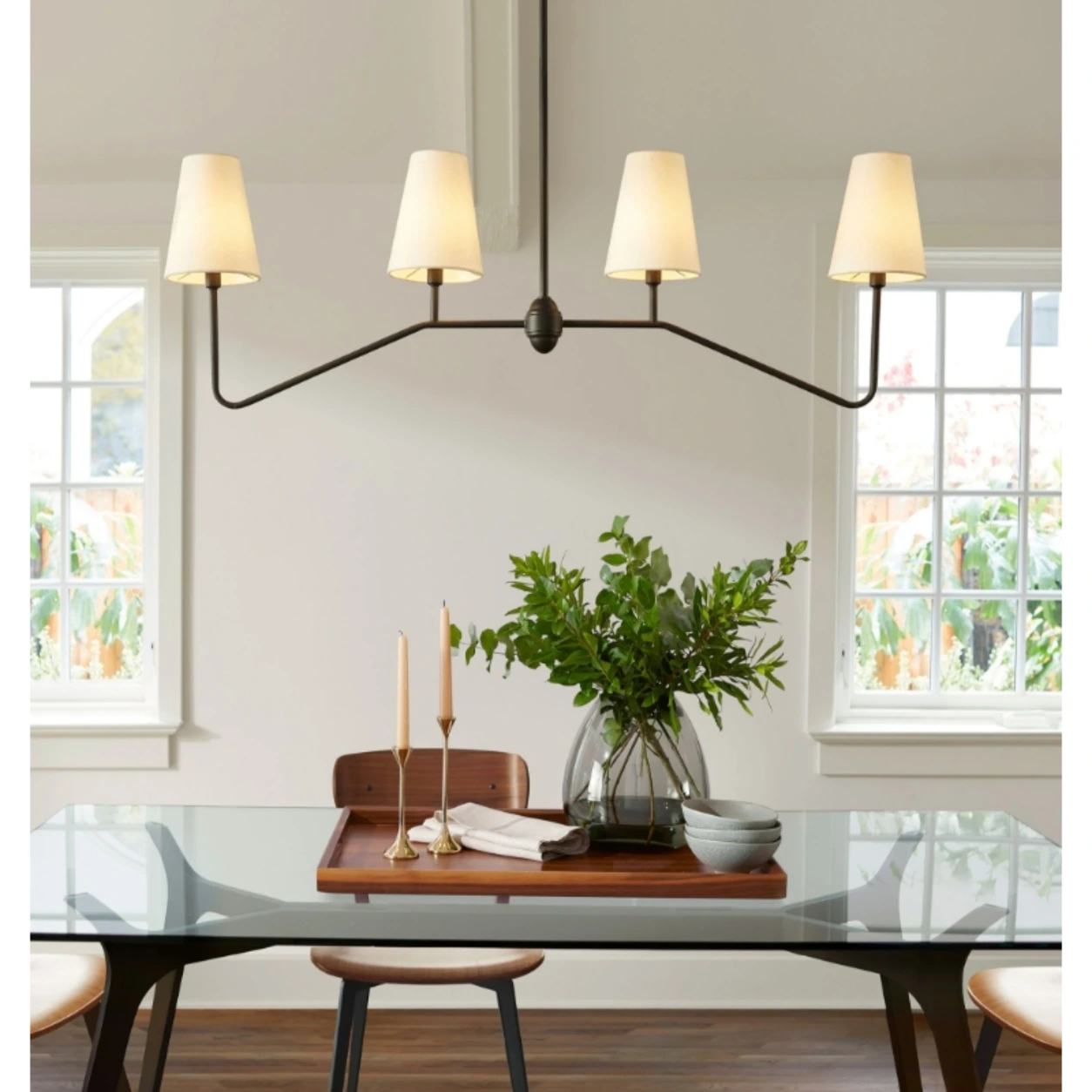 Four-light linear chandelier White Shades scene