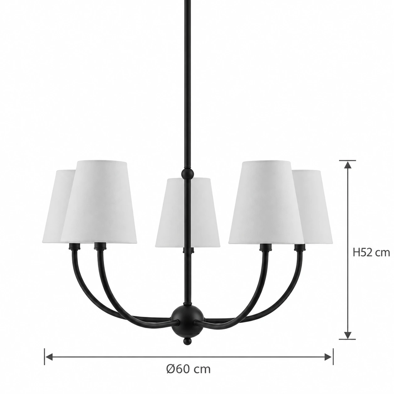 Black five-light chandelier dimensions: 60 cm diameter and 52 cm fixture height