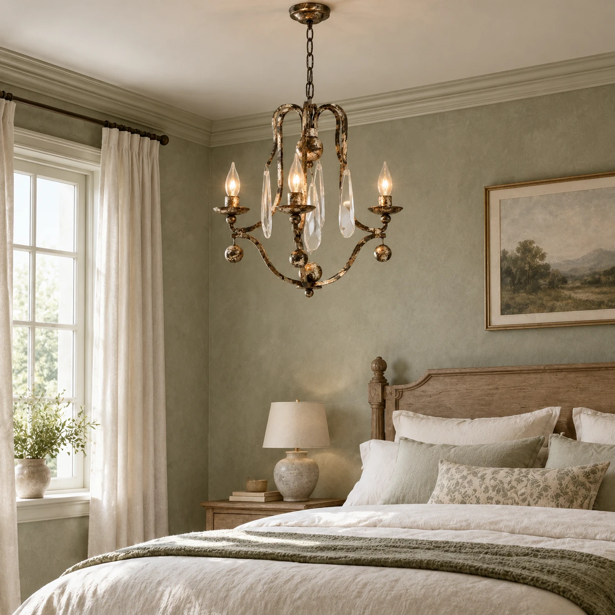 Distressed Iron Chandelier in 3-Light bedroom · muted sage morning light