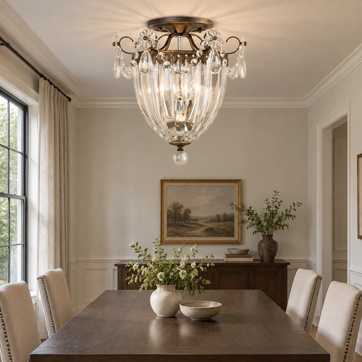 Crystal chandelier in a refined dining room with realistic ceiling height and table scale