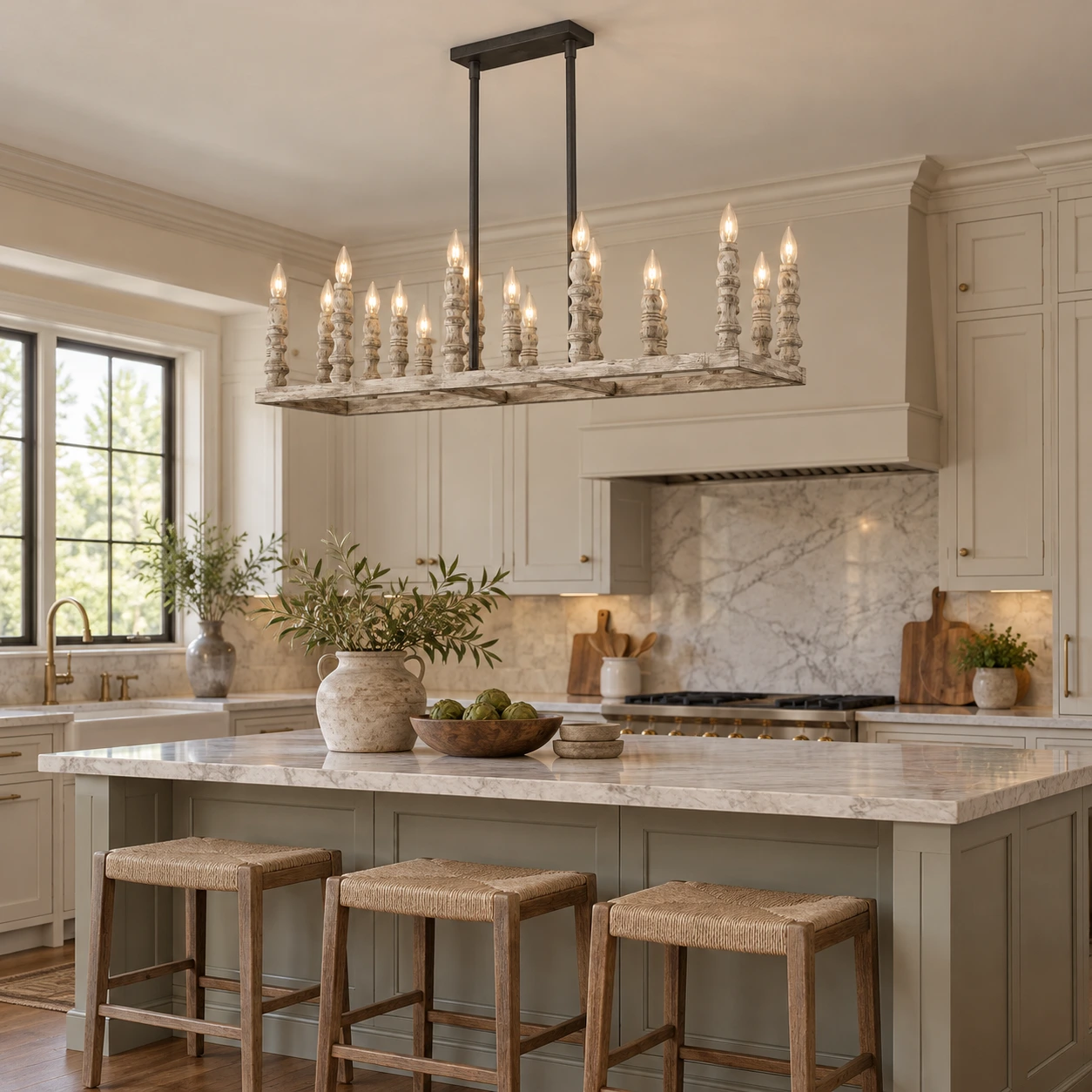 Mira Rustic Carved Wood Chandelier — 06 scene entry rectangular