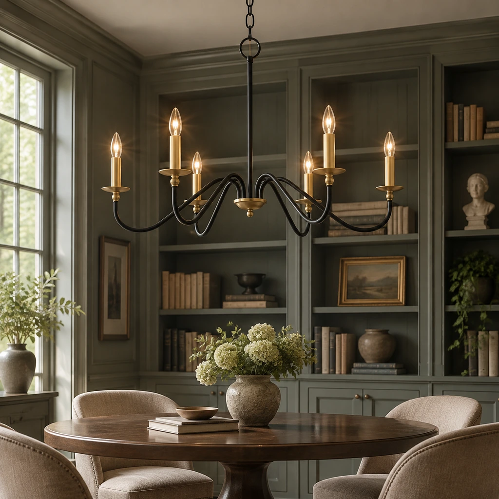 Arden six-light chandelier in a desaturated sage library dining area