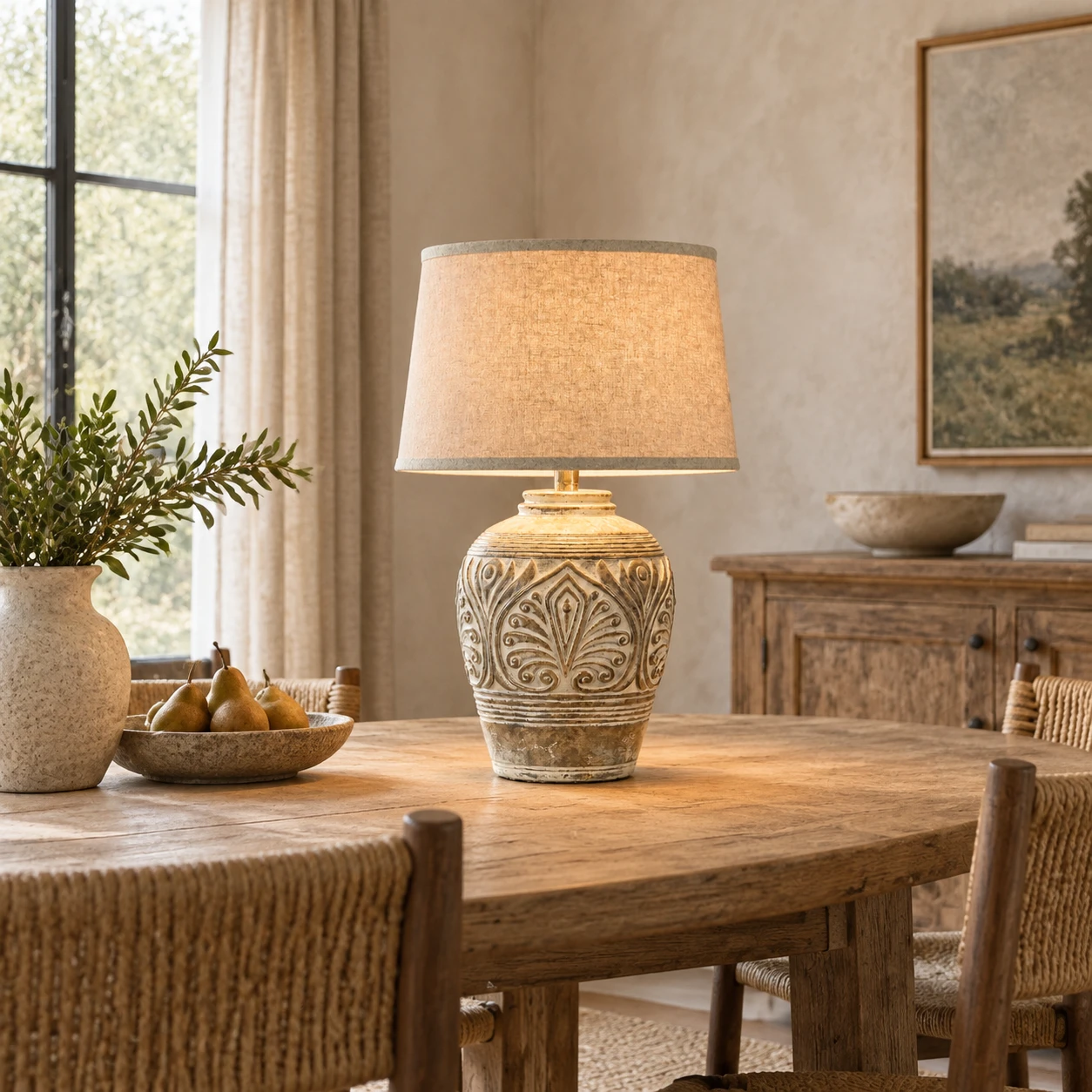 American Rustic Wood Table Lamp in a compact dining room above a timber table with pale mineral plaster