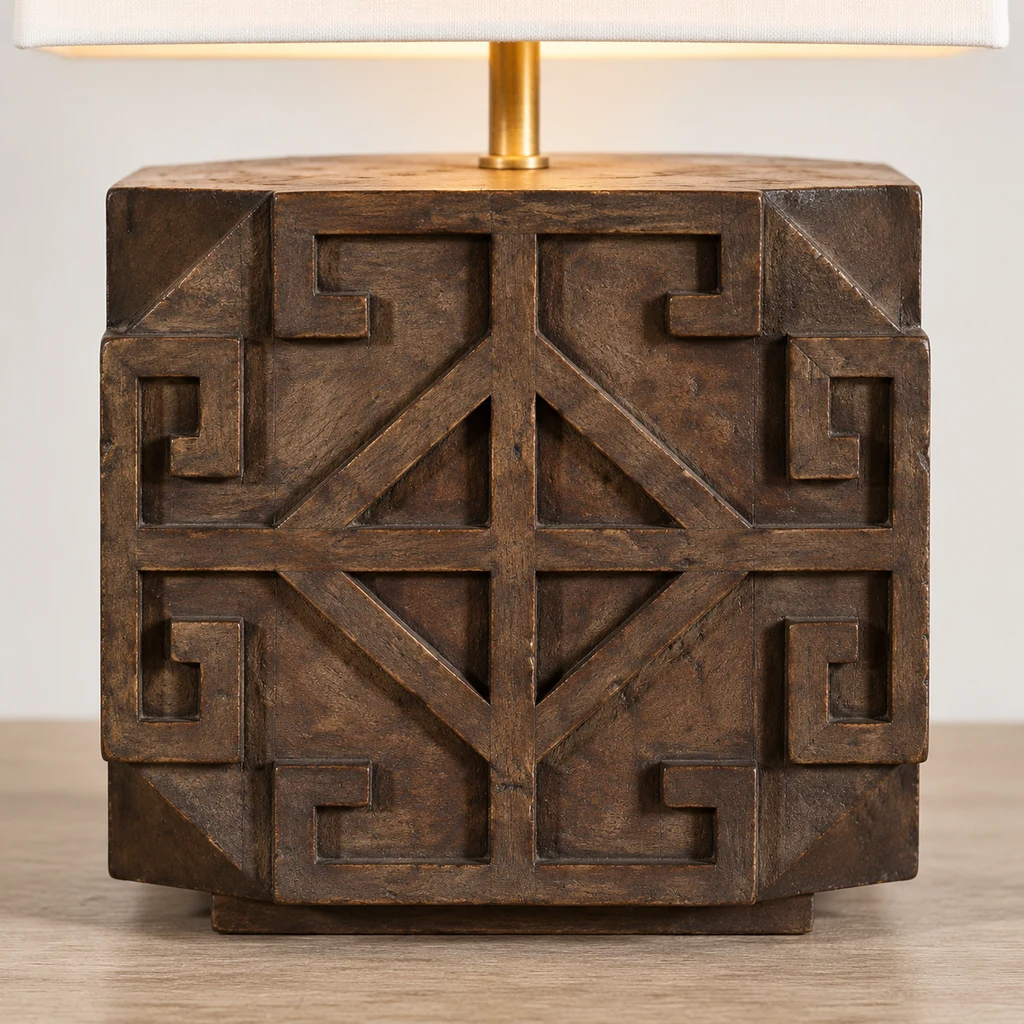 Close detail of the Aurelia lamp carved wood front relief