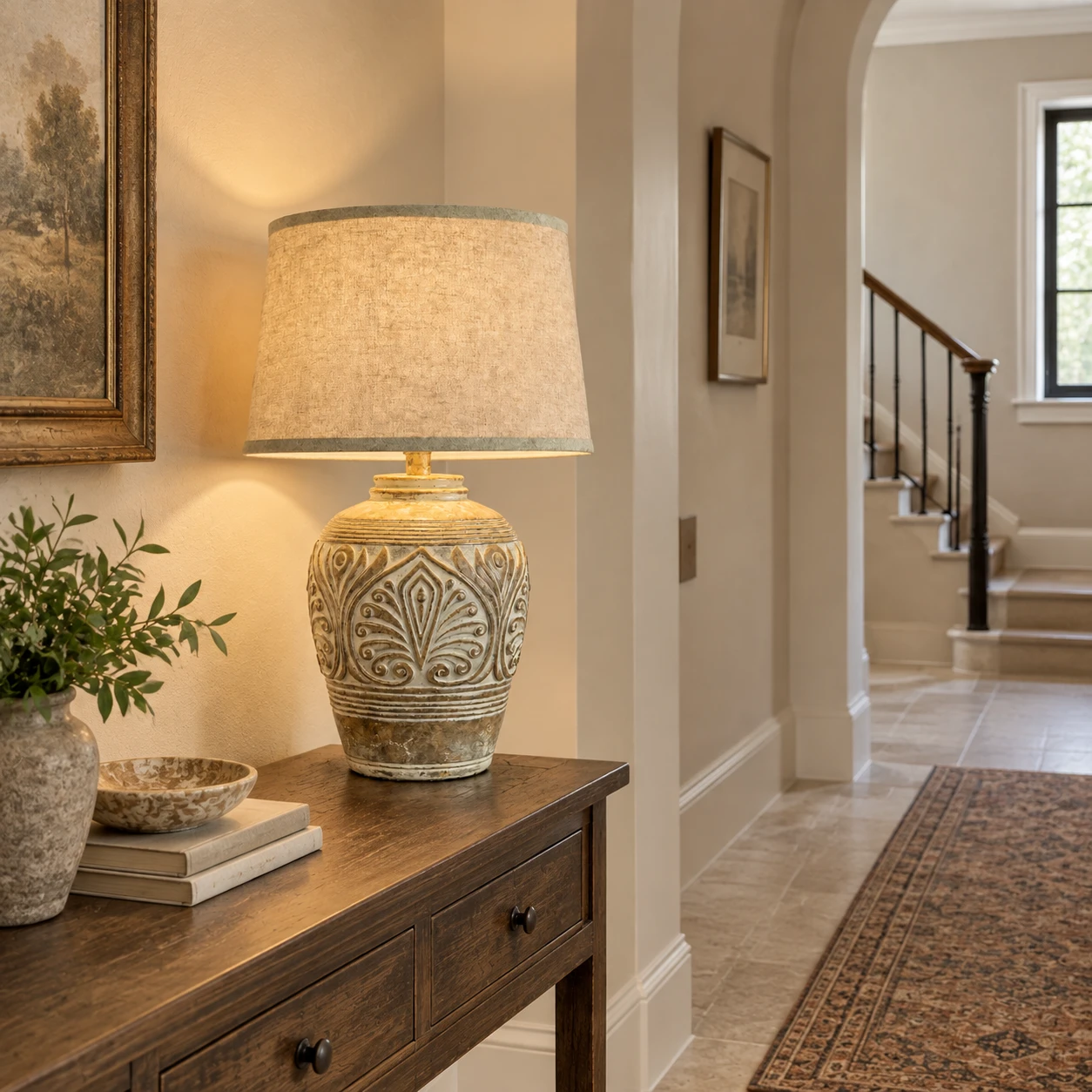 American Rustic Wood Table Lamp in a small hotel corridor or landing with credible ceiling height