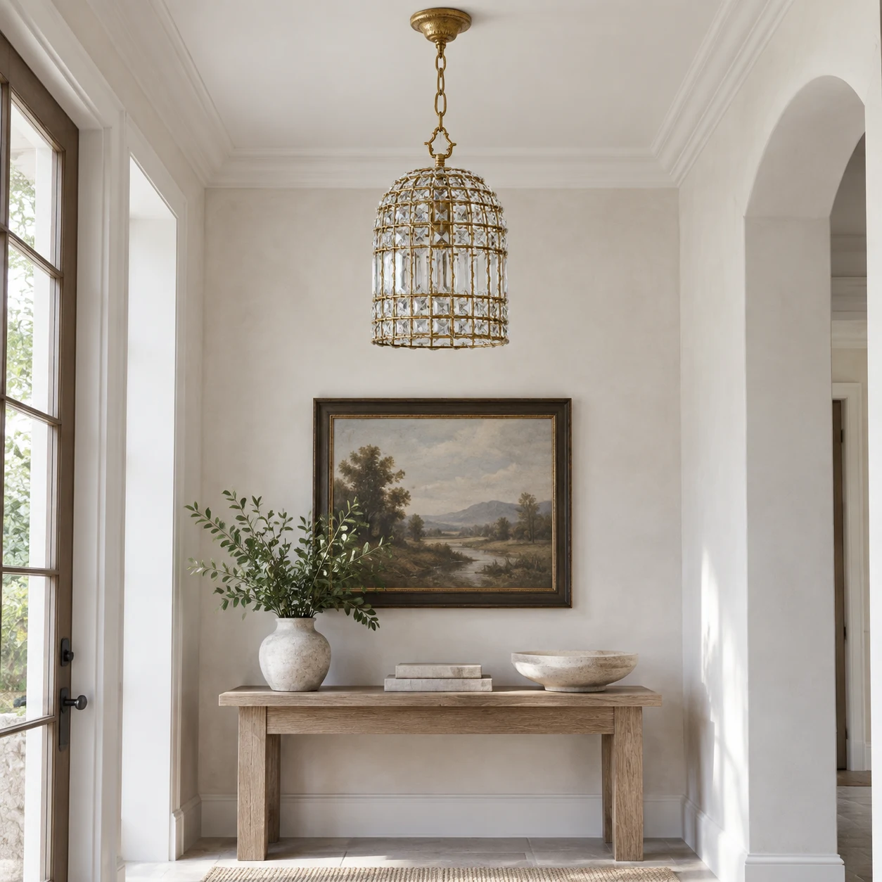 Clara crystal cage pendant in an entry hall