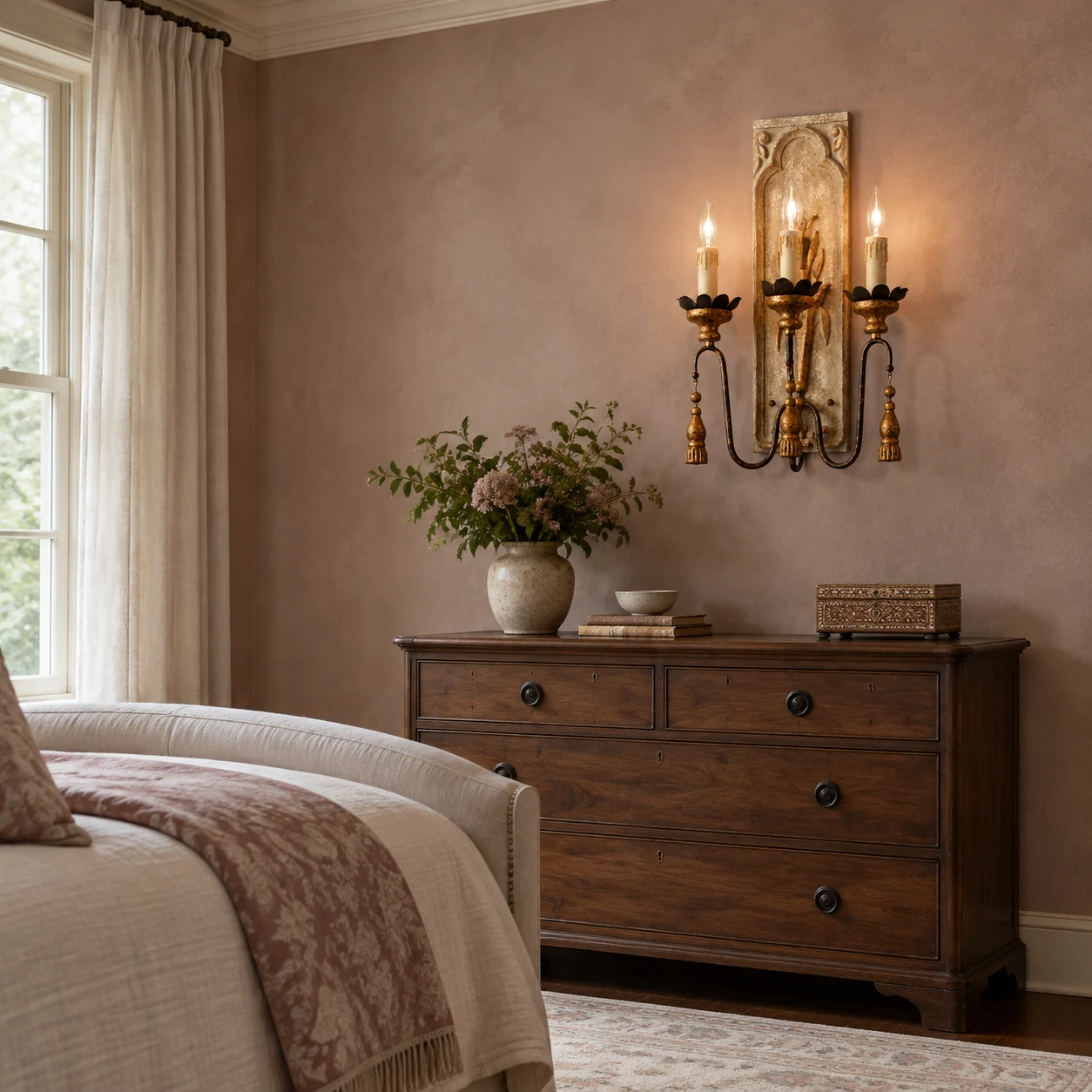 Camille French country carved-wood wall sconce in a bedroom dresser wall