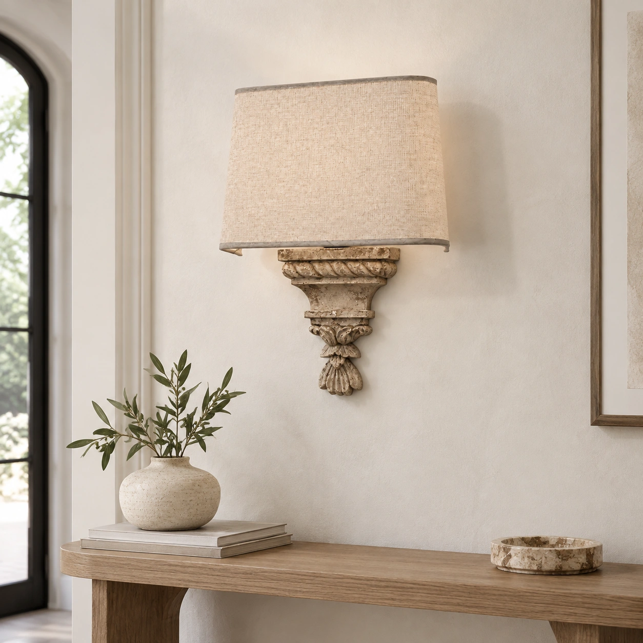 Amelie vintage French country wall sconce in a calm entry hall