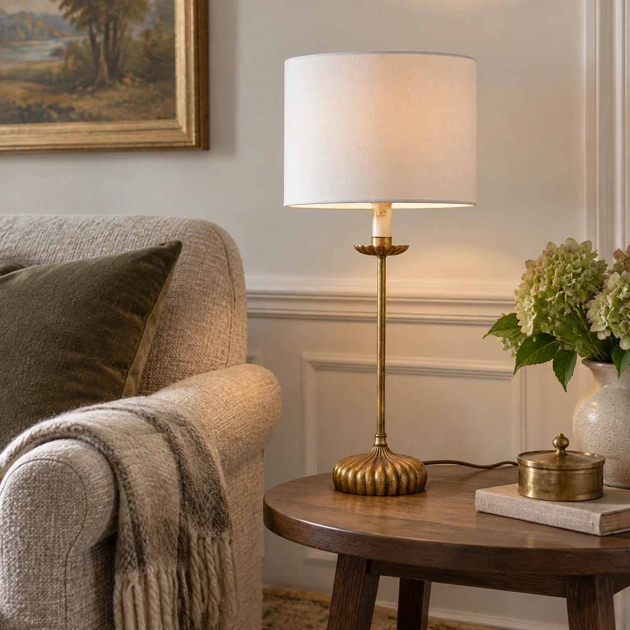 Distressed iron table lamp in a reading corner