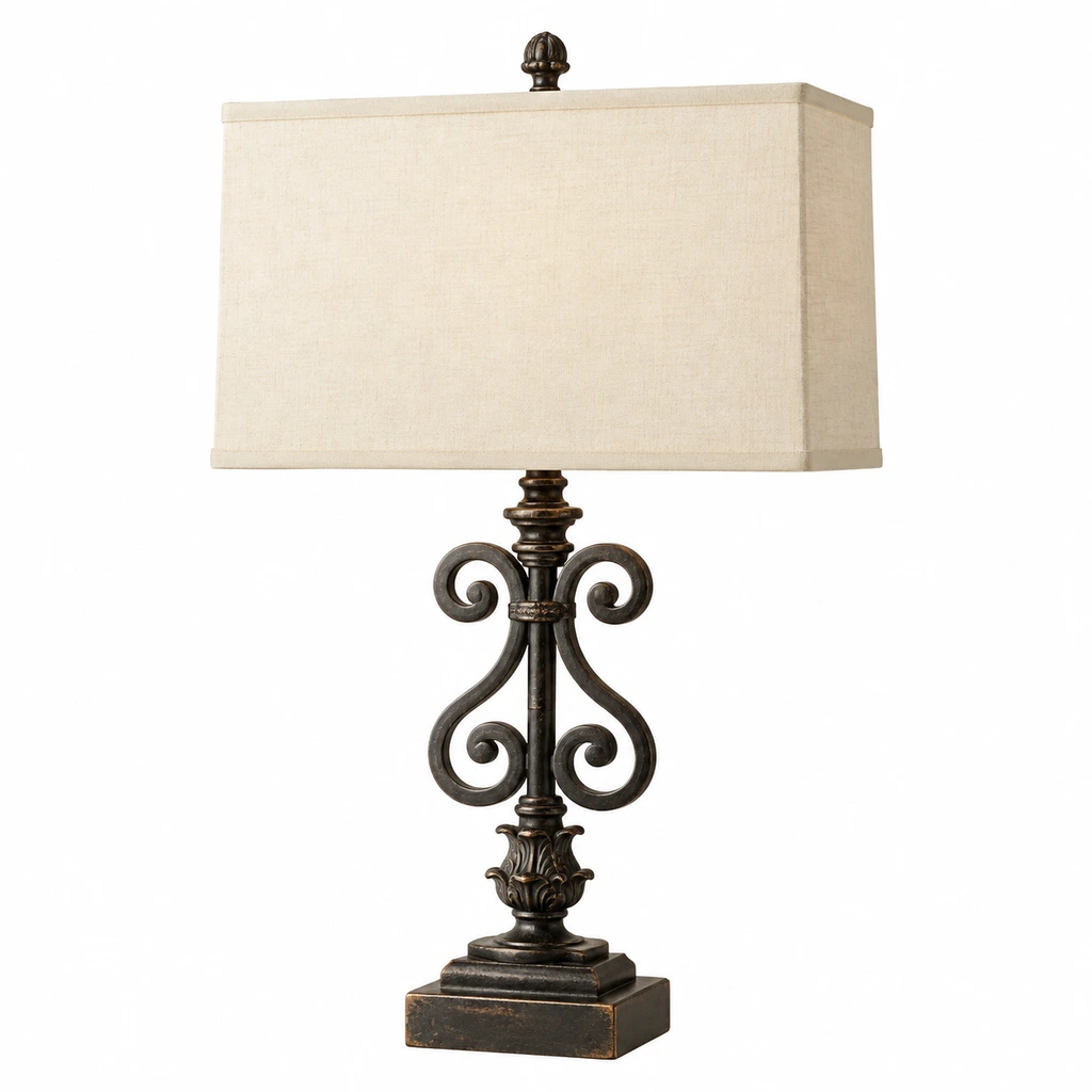 Rothbury ornate table lamp on a pale limestone console against muted terracotta plaster