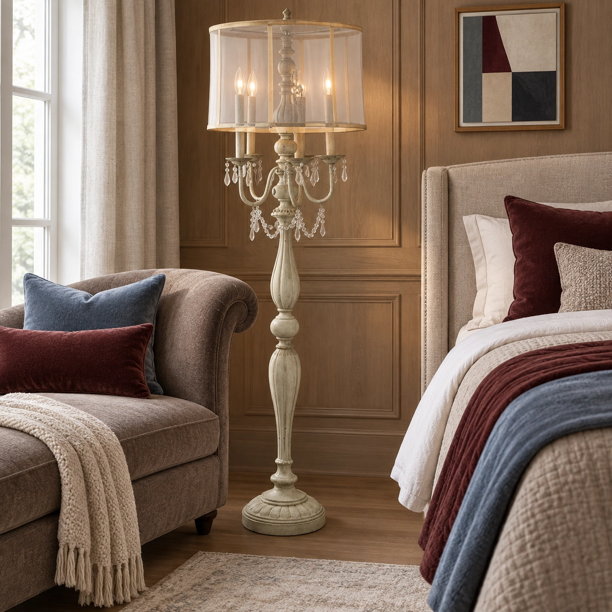 Aurelia vintage floor lamp in a layered bedroom