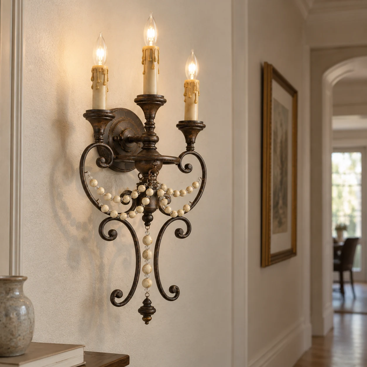 Antique three-light beaded wall sconce, residential installation scene