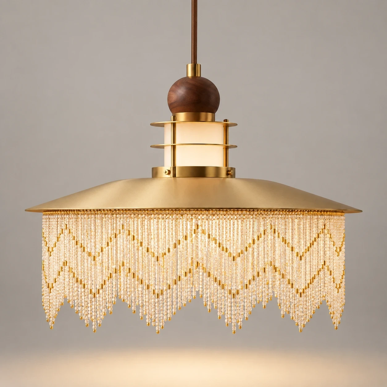 Wushlp Vintage Fringe Wood Pendant Light switched on in a neutral studio
