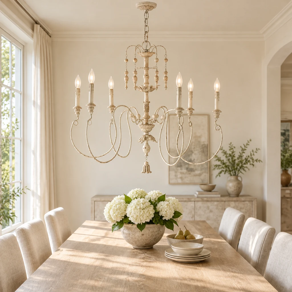 Carved wood chandelier above a pale oak dining table