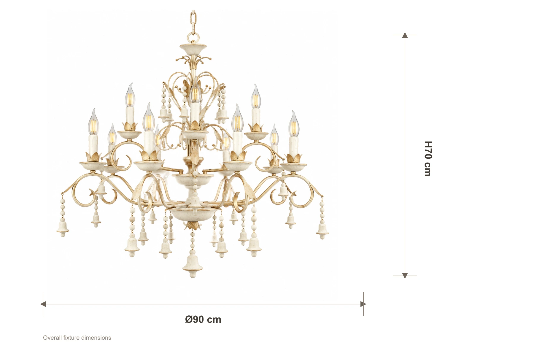 White-background chandelier dimension drawing showing 90 cm diameter and 70 cm height
