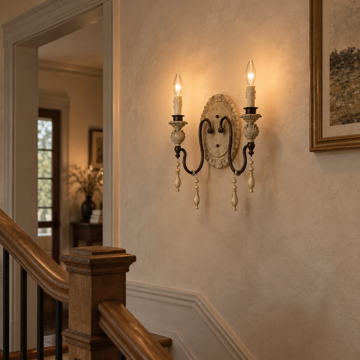 Two-light vintage wall sconce at a stair landing