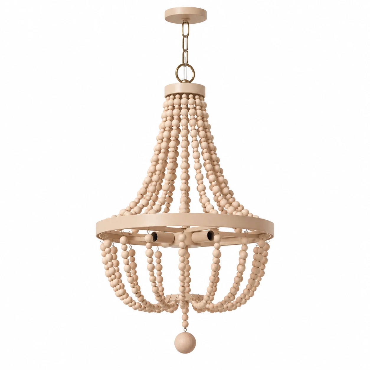 Small wood-bead chandelier on a white background