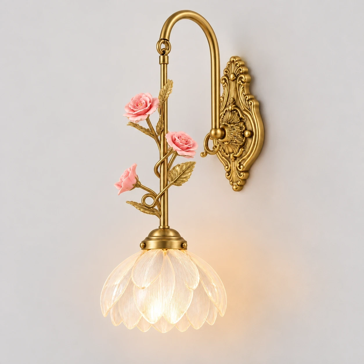 Wushlp Vintage Petal Copper Wall Light switched on in a neutral studio