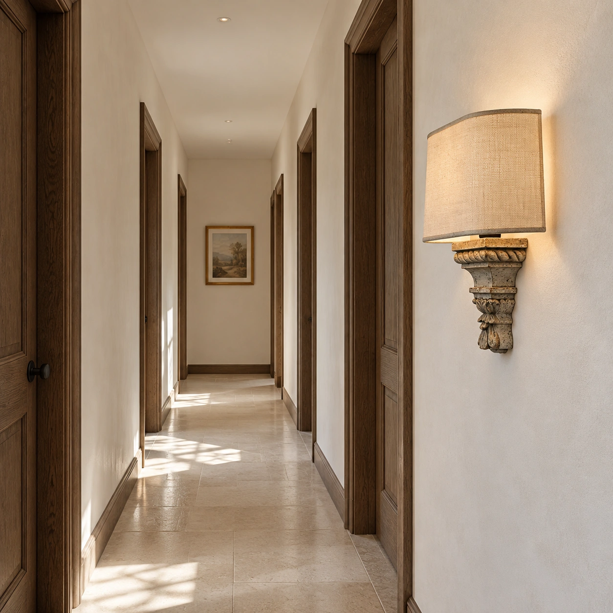 Amelie French country wall sconce in a gallery corridor