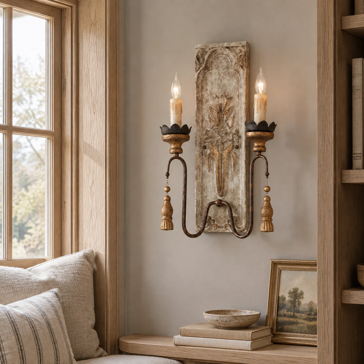 Camille French country carved-wood wall sconce in a window reading alcove