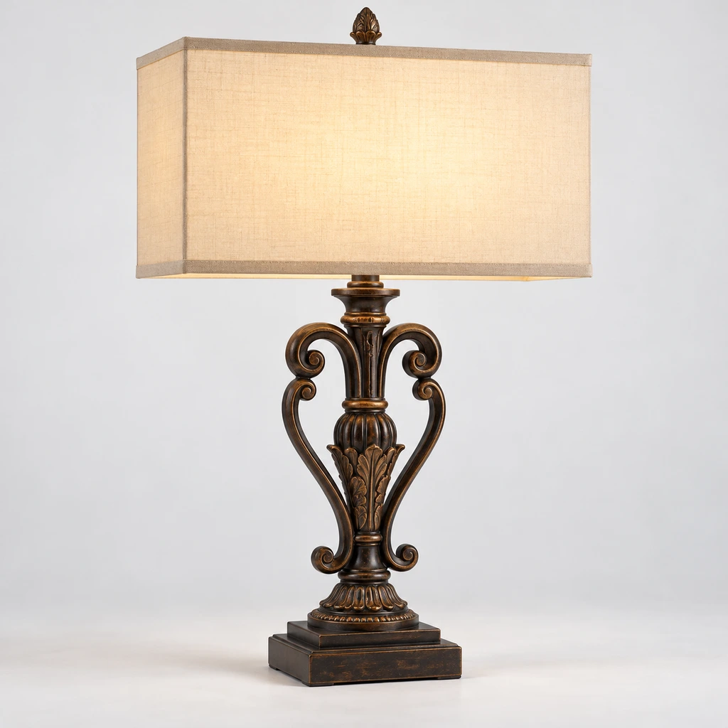 Rothbury ornate table lamp in a cool blue-gray hospitality corner