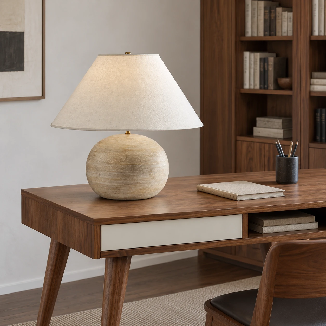 Study desk with the distressed wood table lamp