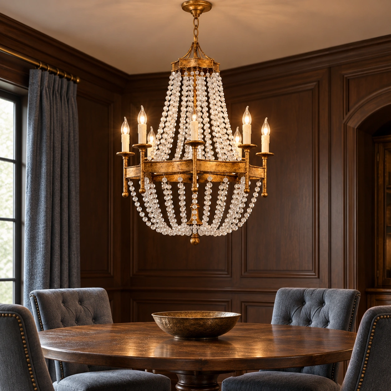 Camille vintage gold crystal chandelier scene 04 dining close