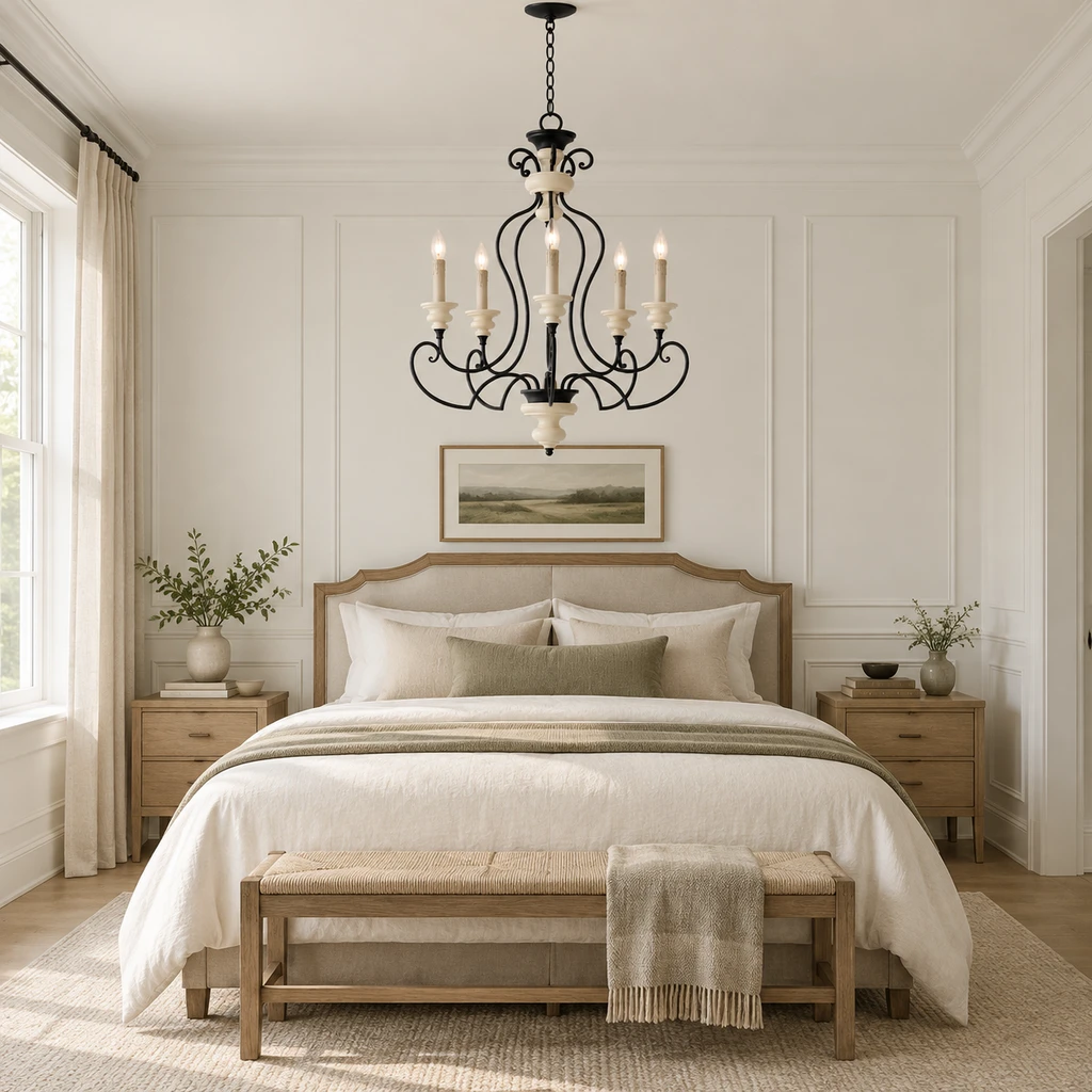 Aveline chandelier in a white paneled bedroom without bedside lamps