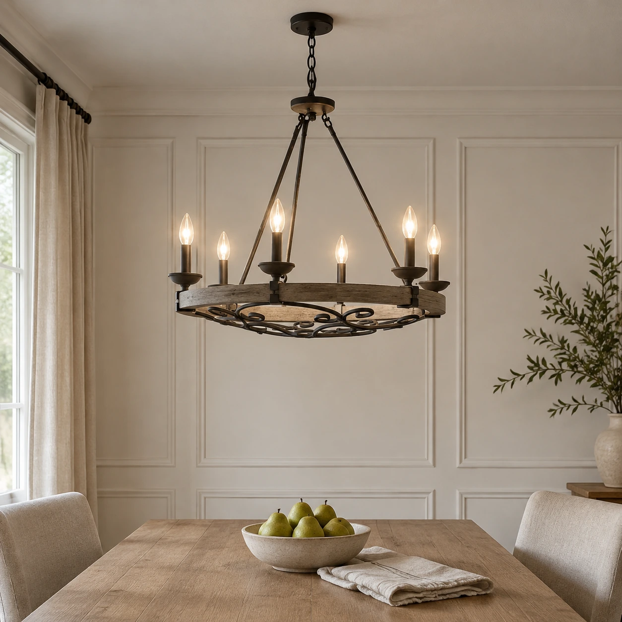 Clara Rustic Wagon-Wheel Wood and Iron Chandelier, scene 6 dining
